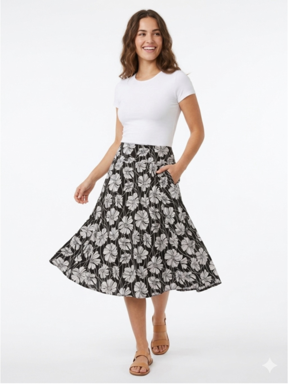 Women's Evan-Picone Black White Floral A-Line Midi Skirt Cotton Blend Sz 10 -913